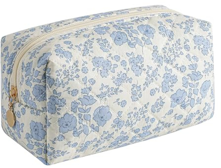 HHQQWZ Makeup Bag Travel Cosmetic Bag for Women Girls, Zipper Make Up Pouch, Floral Flowers Toiletry Organizer Makeup, Portable Storage Cosmetic Travel Cloth Bag (Blue Floral)