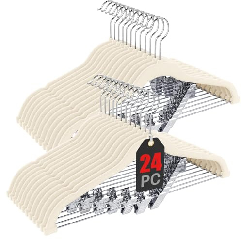 Korpai 24-Pack Beige Velvet Hangers with Clips Adjustable,Adult Hangers,Outfit Hangers,Heavy-Duty,Non-Slip,Space Saving, Felt Hanger for Pants, Skirts, Suits,Coats, Dresses ect.