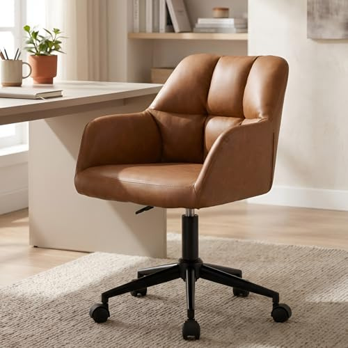 Ya-Home PU Leather Home Office Chair Modern Swivel Desk Chair with Adjustable Height, Vanity Task Chair for Bedroom, Brown