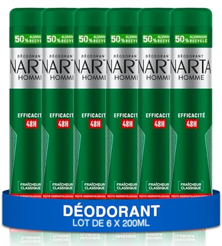 NARTA - Déodorant Homme - Fraîcheur Classique Spray Efficacité 48h - lot de 6x200ml