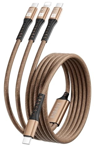 SDBAUX USB-C till Multi 3-i-1 Kabel, 1.2M Nylon Flätad PD 3.0 27W Phone+100W Typ C+10W Typ C Splitterkabel Snabbladdning, för Phone 16/15/14/13/12/11, Samsung Galaxy S25 S24, iPad Pro, MacBook Air | Flera enheter, med 2 x typ C/iP-anslutningar, PD 3.0 snabbladdning för iPhone, Samsung Galaxy, iPad, MacBook Air/Pro, Switch.