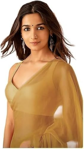 ETHNICMODE Indian Saree For Women Plain Georgette Party Wear Off White Sari With Unstitched Off White Blouse Piece-1236