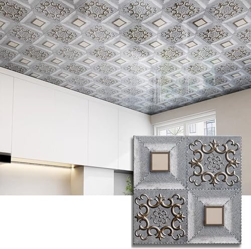 Lot de 20 dalles de plafond autocollantes en polystyrène en relief 3D – Panneaux de plafond décoratifs légers gris rétro pour rénovation de maison