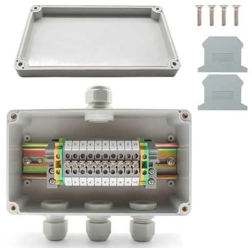 txuzong Caja de derivación resistente al agua IP66, 155 x 90 x 60 mm, con abrazadera de paso UK2.5B de 10 pines y riel DIN, caja de distribución de 1 entrada, 3 salidas para armario eléctrico exterior