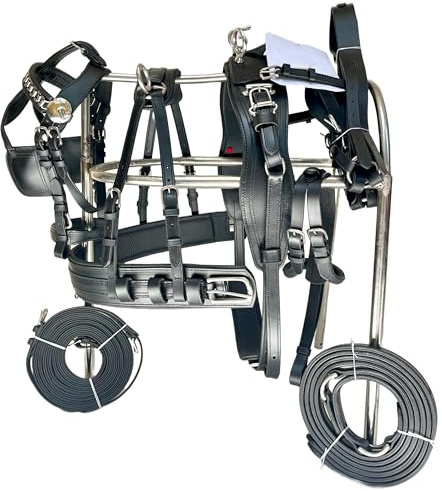 Kayfcrafts Full Grain Oiled Leather Horse Driving Harness Set All Black, Double Layered, Reinforced Stitching, Stainless Steel Hardware Complete Driving Kit (Pony)