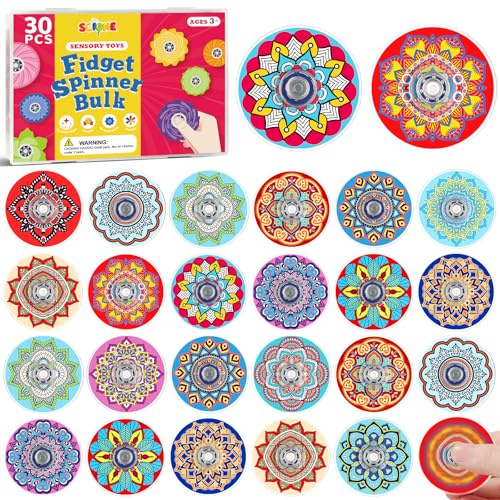 SCIONE 30 stycken fidget-spinn-presenter till barnkalas, 15 mandala exotiska mönster akryl mini snurror, gästpresenter barn, skattkista, belöningar, sensoriska leksaker, 3,8 cm