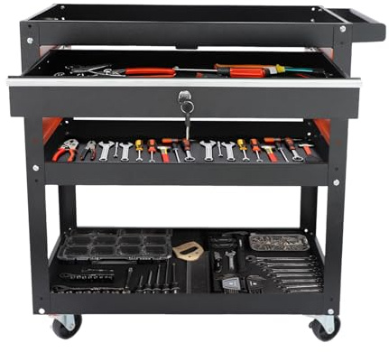 Fermoirper Chariot d'atelier à 3 niveaux, 1 tiroir en plaque d'acier laminé à froid, chariot de transport résistant, 2 roulettes avec frein de stationnement, 70 x 35 x 76 cm