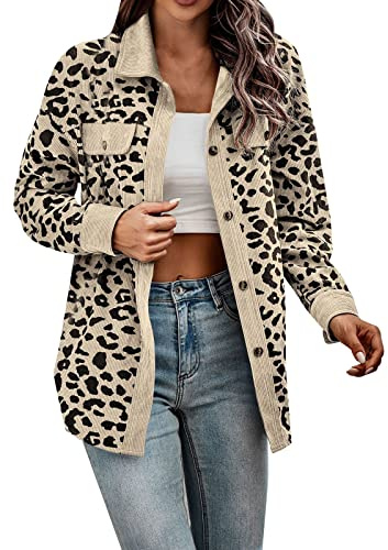 Generisch Veste d'hiver pour femme - Chemises boutonnées à manches longues - En velours côtelé - Motif léopard - Manches longues - Vestes avec poches, beige, XL