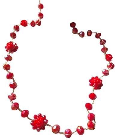 Sorelle Frappalà Collana girocollo artigianale fatta a mano, lavorata all'uncinetto con filato prezioso lurex oro, cristalli in vetro di Boemia rossi e fiore in resina rossa - pezzo unico