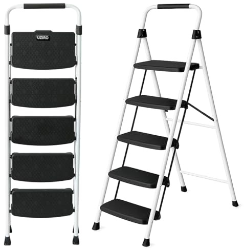 UZIRO Escalera Plegable 5 Peldaños de Acero y Aluminio, Escalera Pequeña Plegable Blanca con Peldaños Antideslizantes y Asa de Goma, para Hogar, Cocina, Oficina y Bricolaje