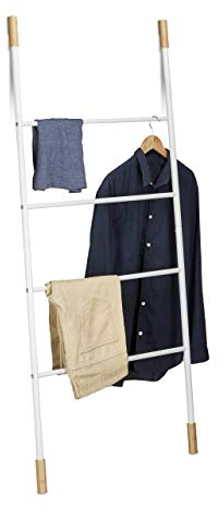 Relaxdays Handtuchleiter Metall, Kleiderleiter mit 4 Sprossen, freistehende Wäscheleiter, Bambus, HBT: 150x70x2cm, weiß