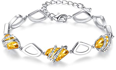 Leafael Önskar Sten Länk Charmarmband med Citrin Gul Birthstone Kristall för november, silverton, 7+2