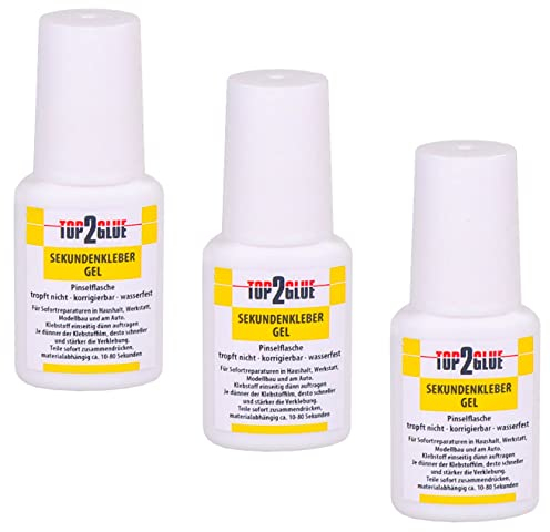 Sekundenkleber dickflüssig - Alleskleber extra stark - Sekundenkleber GEL 10g in der praktischen Pinselflasche - Nagelkleber - Tip Kleber - Bastelkleber - Kunststoffkleber wasserfest (3 Flaschen)