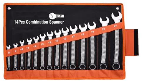 Edward Tools Pro Combination 14 Piece Wrench Set Metric - Heavy Duty CR-V Steel - 8mm to 24mm - Vanadium Steel - Matte Chrome Plated Finish - Anti Rust - 12 Point Opening - Organizer Bag