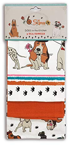 SiXsigma Sports Pack of 3 Tea Towels For Kitchen - Premium Cotton Decorative Kitchen Towel Linen for Cooking, BBQ, Baking & Dish Drying - Ideal For Women & Men (Romantic Dogs)