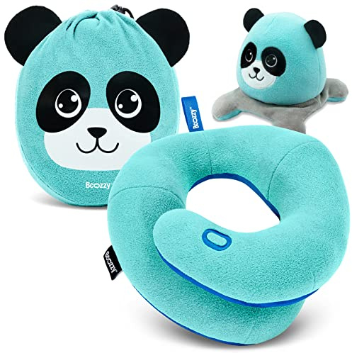 BCOZZY Kids Chin Supporting Travel Pillow for 3-7 Y/O- Stops the Head from Falling Forward- Comfortable Road Trip Essential. Soft, Washable, Small Size, Light Blue, Panda Bag