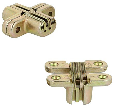 2 Stück unsichtbares Kreuz-Scharnier 44mm aus Zamak von UMAXO®. Verstecktes Möbelband 180° faltbar. Verdecktes Möbelscharnier, gelb verzinkt, zum einlassen