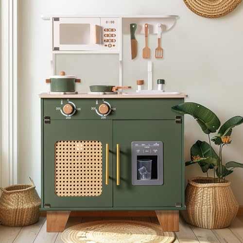 ROBOTIME Play Kitchen with Pretend Ice Cube Dispenser for Toddler, Wooden Kids Kitchen Play Set, Toy Kitchen Set for Kids Age 3 4 5 6 7 (Vintage Green)
