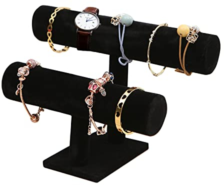 Bustlwor Présentoir à Bijoux en Velours - Porte Bracelet, Support pour Collier, Montre - Organisateur de Bijoux (Noir, 2 Couches)