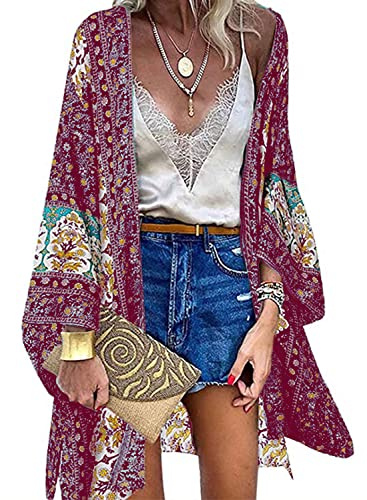 Yutdeng Kvinnors strandklänning sommarkofta Kimono Bohemisk blus bikini omslag upp tryck tunika elegant blus sjal gömma bikinitröjor pareo toppar lös, Vinröd, XL