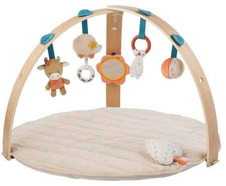 Nattou Manta de Juegos con Arco de Madera y Varias Actividades, Eriza Zoë y Vaca Mila, De Algodón y Poliéster, Aprox. 80 cm, Mila, Zoë y Lana, Beige