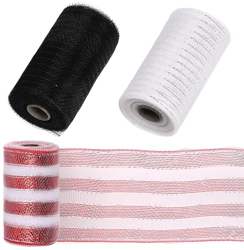 Mardatt Lot de 3 rouleaux de ruban décoratif en maille métallique pour décoration de couronnes (rayures rouges et blanches, noir, blanc)