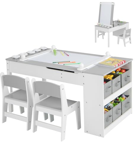 GOPLUS Barnkonstbord med 2 stolar och öppen sidohylla, barnmöbelset med förvaringsutrymme och målarbord, barnsitsgrupp för att rita och skriva, för barnrum, lekrum, dagis (grå)