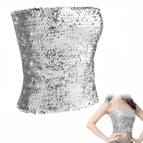 Grasslandy Pailletten Oberteil Damen, Pailletten Rock, Glitzer Top Damen, Silbernes Bandeau Top, Silbernes Pailletten Rock, Pailletten Wrap Crop Top, FüR Damen Party Clubwear Belly Dancer