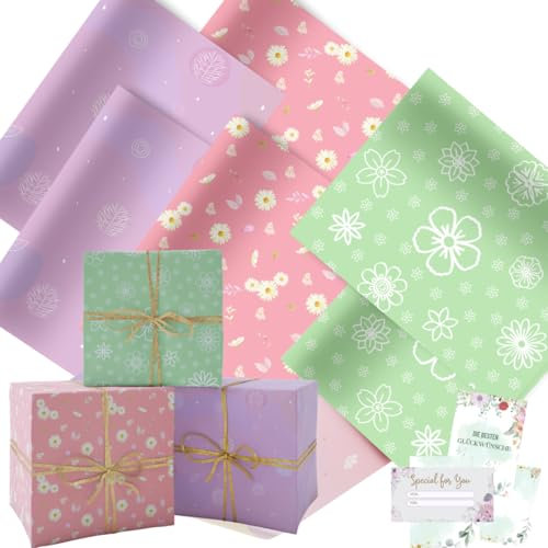 artwelten Geschenkpapier Set 8 Blatt je 70 cm x 1m – Geschenkpapier Blumen Bunt Grün Lila Margeriten – Inkl. Geschenkkarten – Für Geburtstag, Hochzeit, Jubiläum, alle Anlässe (Bunt Blumen 8 Blatt)
