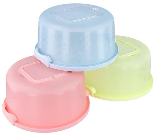 MUKLEI Lot de 3 boîtes à gâteaux rondes de 26 cm avec poignée - Portable - Boîte de transport de gâteau en plastique avec couvercle - Grand boîte à gâteau pour gâteaux à emporter - Rose, vert,
