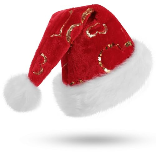 CITÉTOILE Bonnet de Noël Adulte Rouge, Bonnet de Père Noël avec Motif Coeur, Bonnet de Noël en Peluche pour Homme et Femme, Chapeau Noël pour Fête de Noël, Nouvel An, Vacances, Accessoires de Fête