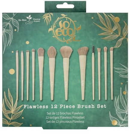 So Eco Flawless 12-Piece Brush Set – Eco-Friendly Birchwood Makeup Brushes for Face, Eyes & Brows, Vegan & Cruelty-Free