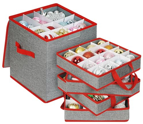 UHAPEER Christmas Decoration Storage Box with 4 Tier, Stackable Christmas Bauble Storage Container with Velcro Fastener Lid, Adjustable Dividers, 600D Oxford with Handles, 7 cm 64 Slots, Grey-Red
