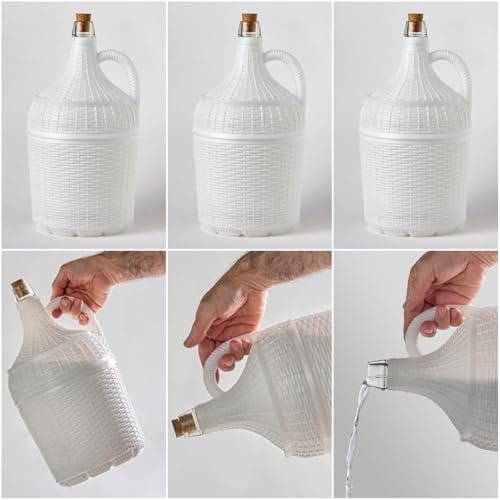 Pack 6 Garrafas Damajuanas Garrafones 5 litros Cristal Forrado Plástico Blanco Alto Gramaje, Corcho Natural Ajuste Perfecto con Recambios Corcho