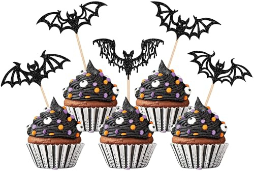 Xsstarmi 30 Pack Halloween Bat Cupcake Toppers Black Glitter Bat Halloween Cupcake Picks Halloween Bat Cupcake Decorations for Halloween Theme Baby Shower Birthday Party Cake Decorations Supplies