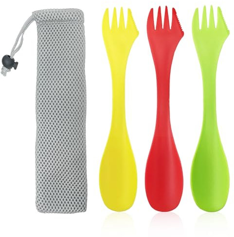 3-teiliges Plastik-Göffel, 3-in-1-Göffel, Camping-Göffel, tragbares Camping-Besteck, Löffel, Gabel mit tragbarer Tasche für Outdoor, Camping, Wandern, Reisen (Rot & Grün & Gelb)