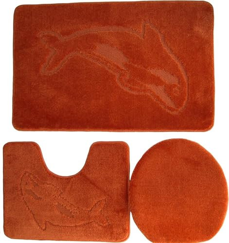 Ilkadim Export 3-teiliges Badset WC Delphin Muster einfarbig, Badteppich 55x85cm, WC-Vorleger mit Ausschnitt für Stand-WC (Terracotta)