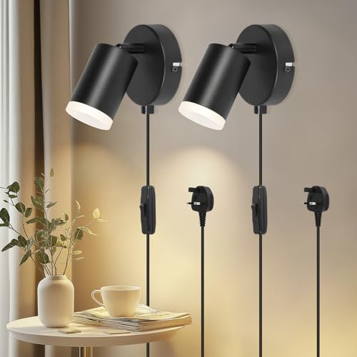 Dehobo Plug in Wall Light with Switch, GU10 Wall Lamp Adjustable Set of 2 | Plug in Wall Spotlights for Bedroom, Aluminum Beside Wall Lights for Reading Room Cupboard Kitchen Desk Picture, No Bulb