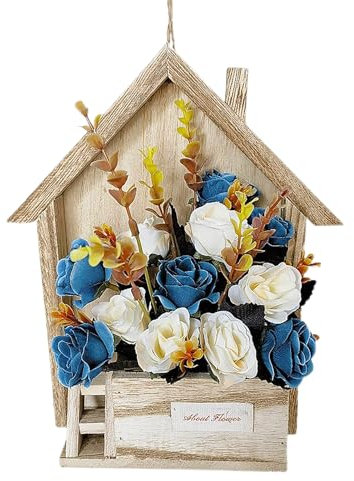 Mokylor Maceta decorativa de madera montada en la pared, maceta colgante en forma de casa con flores artificiales para colgar en la pared, cesta de adorno para decoración del hogar y la oficina