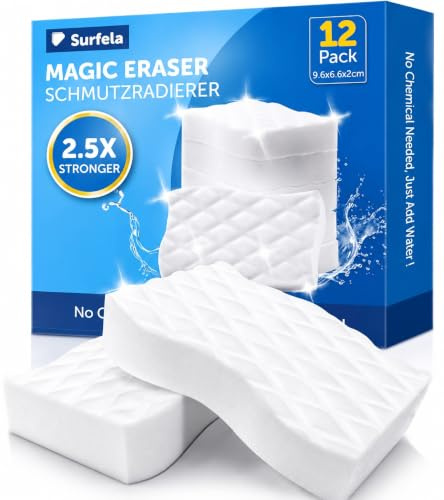 Surfela Magic Eraser Sponge, 2.5X Stronger Melamine Sponge, 12 Pack | White Cleaning Sponge 9.6×6.6×2cm for Household Surfaces, Walls, Kitchen, Bathroom & Shoes, Removes Tough Dirt with Water
