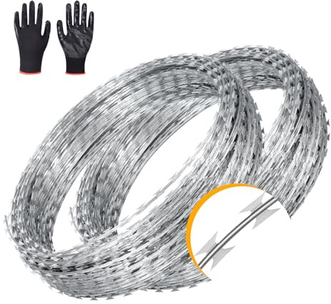 AggFencer 49ft Barbed Razor Wire 2 Rolls, Double Spiral Hot-Dip Galvanized Barb Wire Roll for Crafts Fences, Fence for Critter Deterrent