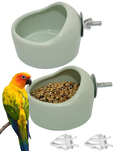 Niwaes 2PCS Birds Feeding Dish Cups Ceramic Bird Cage Food Bowls, Bird Cage Feeder Hanging Parrot Food Bowl for Budgie Finches Lovebirds Cockatiels (Green)