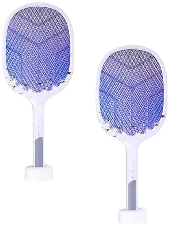YASTA 2 Pezzi Racchetta Zanzare Elettrica Con Base d'Appoggio Lampada LED Antizanzare Elettrico 2 in1 Fulmina Insetti Ammazza Mosche Portatile Ricarica USB Coppia Racchette Antizanzare
