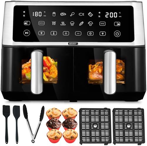 Yoer Heißluftfritteuse, Airfryer 10L, 2 Kammern, 6-in-1, 10 automatische Programme, Spülmaschinenfeste Körbe, Antihaftbeschichtung, 2850W, 6-8 Portionen, DualCrisp AF02BK, schwarz