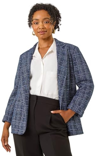 Roman Boucle Blazer for Women UK Ladies Frayed Edge Tailored Longline Rever Collar Jacket Lapel Stretch Smart Office Work Party Night Going Out Lined Classic - Petite Navy - Size 12