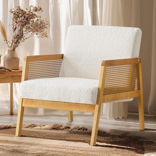 Ckaff Fauteuil Salon Relax en Bouclé, Fauteuil Moelleux avec Coussins Épais et Accoudoirs en Bois pour Chambre à Coucher Salon, Fauteuils de Lecture avec Cadre en Bois, Blanc, Lot de 1