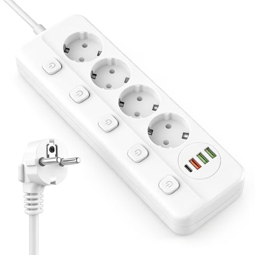 Weciau Steckdosenleiste Einzeln Schaltbar, 4 Fach Steckdosenleiste mit USB &Type C, Mehrfachsteckdose mit 2M Verlängerungskabel, Kindersicherung Steckdose, Steckerleiste mit Schalter für Zuhause Büro