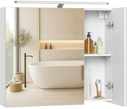 VASAGLE KAILYN Collezione - Armadietto da Bagno Sospeso con 3 Ante a Specchio e Illuminazione, Ripiani Regolabili, Stile Moderno, 15 x 70 x 60 cm, Bianco Nuvola BBK139WB01