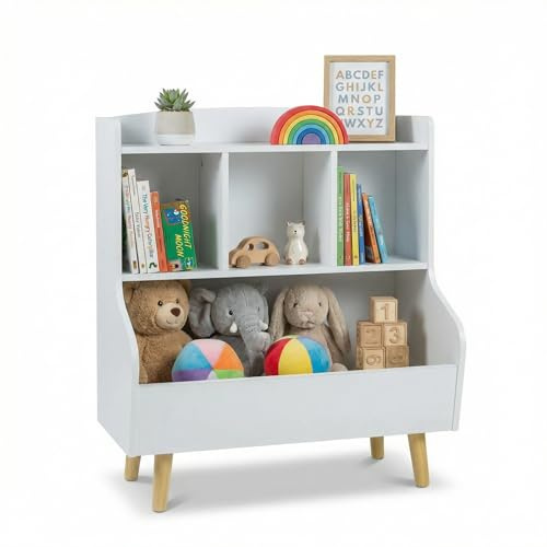 elnure Estantería para niños con Almacenamiento de Juguetes - Biblioteca para niños, estantería de 3 Niveles con Patas, 5 Compartimentos para habitación de niños y de bebé, Blanca