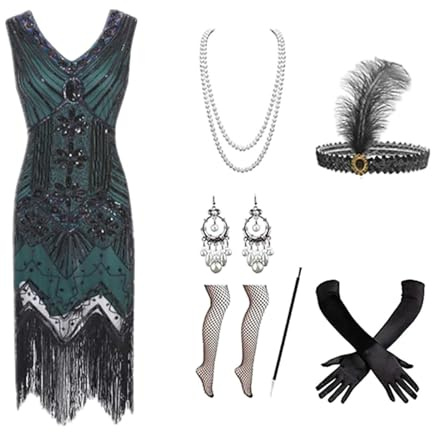 Generico Abito con Frange con Paillettes con Scollo a V Anni '20 e Set di Accessori Anni '20 Vestiti Donna Adulto Perline E Gonna Frangiata per Eventi (Green, XXXL)